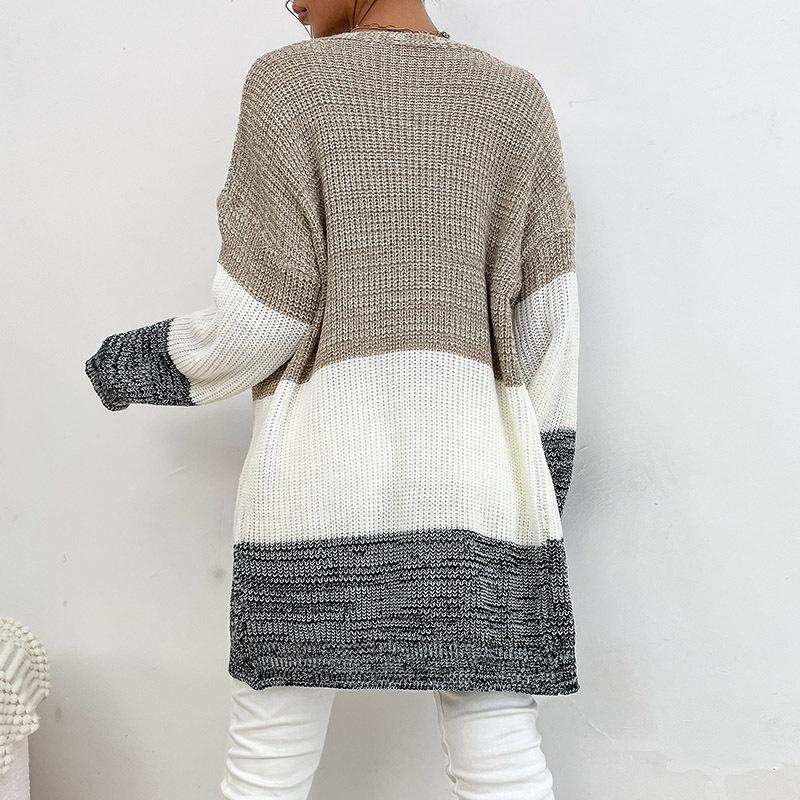 Casual Trend Versatile Autumn Cardigan In The Long Section of Lazy Wind Colorblocking Sweater Jacket Female