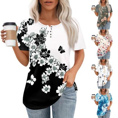 Kadın Moda Günlük Kısa Kollu Düğme Baskılı Yuvarlak Yaka Kazak Üst