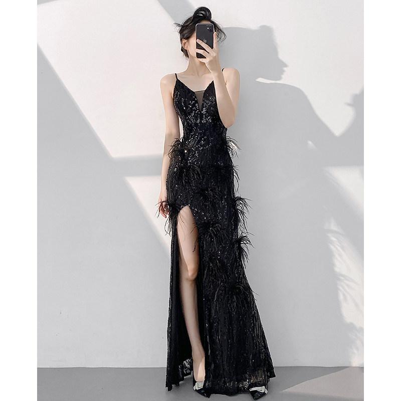 European and American champagne evening dress women's   new sequined banquet temperament sexy suspender host fishtail skirt