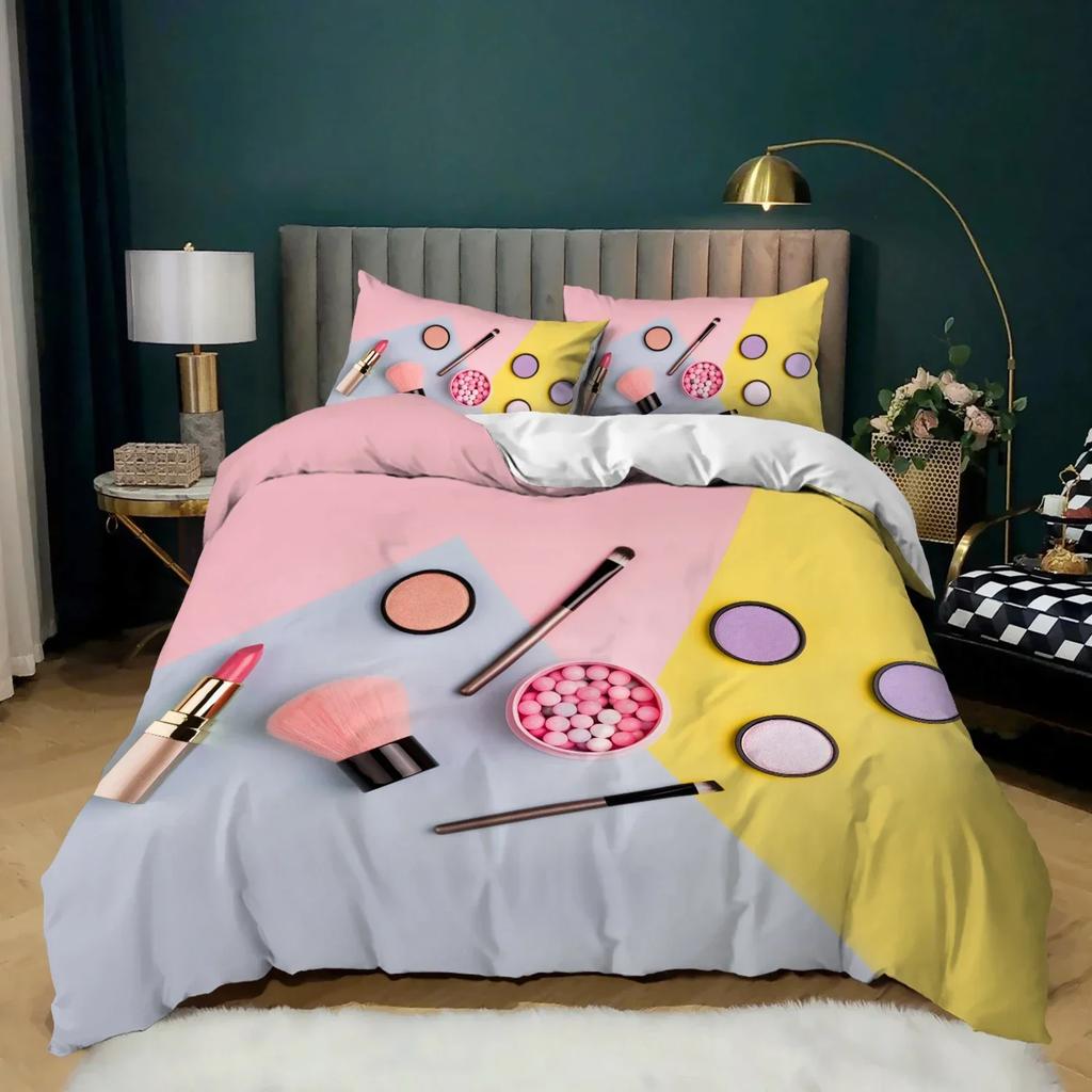 Cosmetic Makeup Theme Comfortable Duvet Quilt Cover Pillowcase Bedding Set Children Bedroom Decoration Home Textile