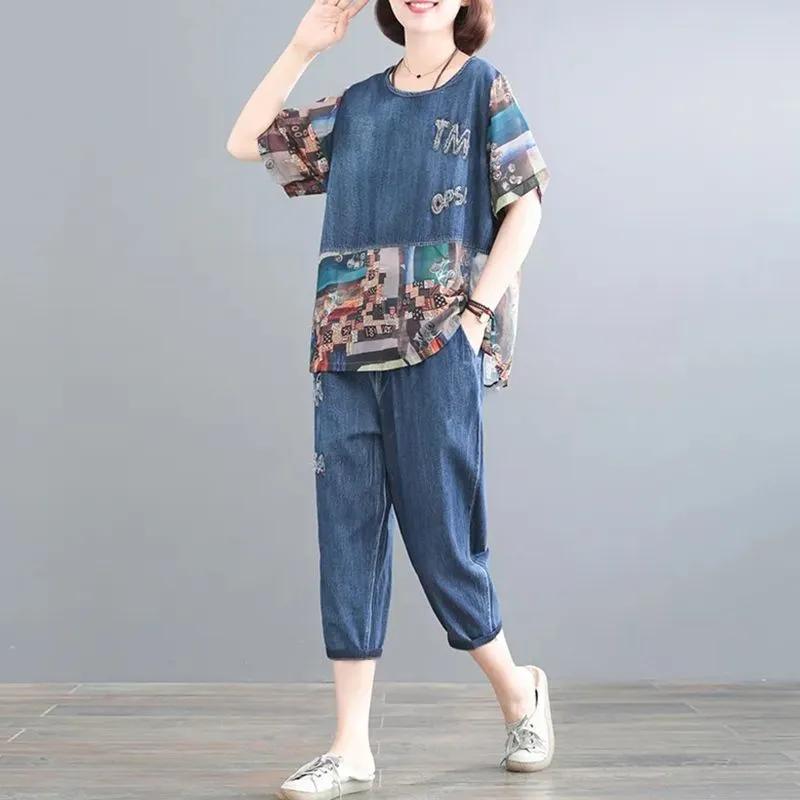 Summer Women's Suit, Summer Short-sleeved Blouse, Two-piece Print