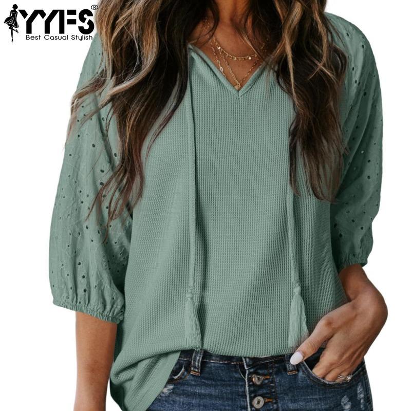 

YYFS Women s Fashion Casual Solid Color Print Summer Spring 1/2 Sleeves V-Neck Blouses & Shirts S чорний