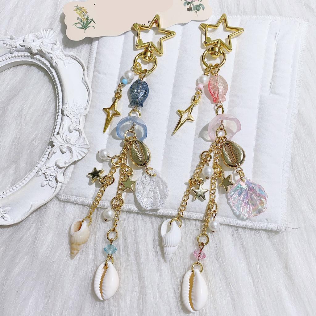 Shellfish Fish and Jellyfish Shell Key Chain Beaded Pendant for Phone and Camera Cases Stylish Bag Accessory for Women