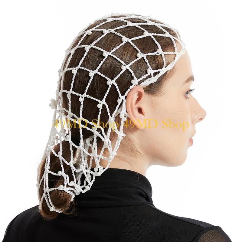 49MD Elegant Handmade Crochet Snood Hair Net Turban Hat for Women with Pearls Bead Decoration Great for Weddings and Parties