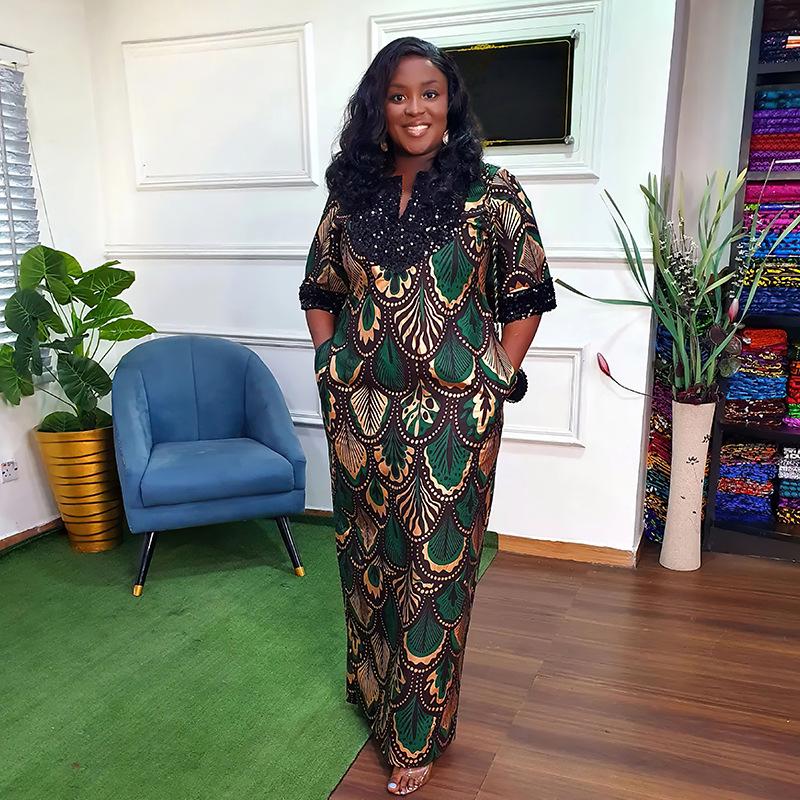 African Plus Size Satin Beaded Long Burqa Dress for Women, Style 8098