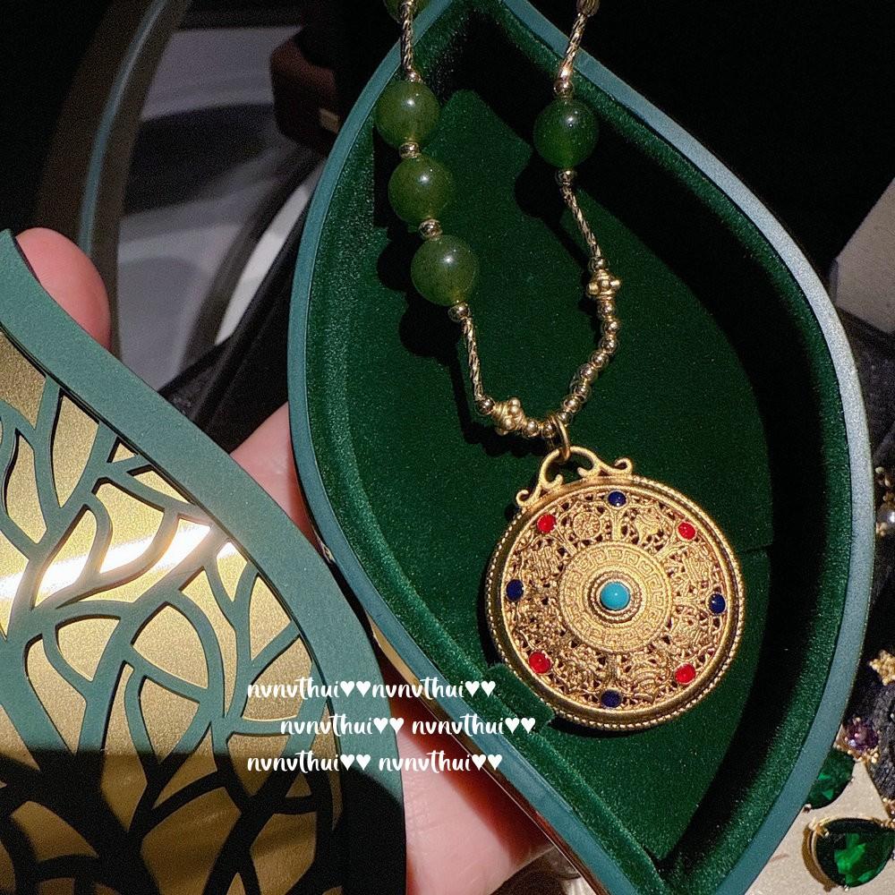 Ancient Filigree Screw Enamel Eight Treasures Compass Blessing Bead Necklace, New Chinese Style, Emerald Beaded Bracelet, Set