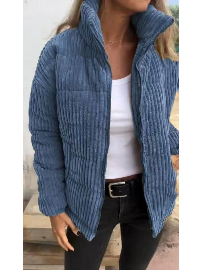 

Жіноча осінньо-зимова вельветова куртка зі стійкою, довгими рукавами та короткими кишенями 2024 року 3XL синій