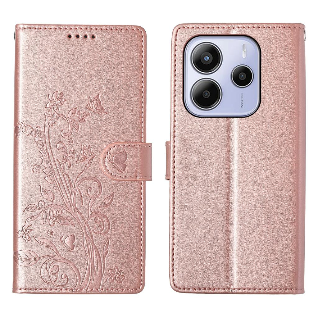 For Xiaomi Redmi Note 14 4G (163.25mm) Wallet Case Butterfly Floral Imprint PU Leather Phone Cover with Wrist Strap