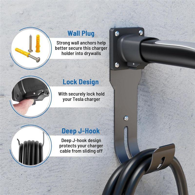 AW-EV Holder Wall Mount Dock & J-Hook For Tesla Model X/Y/3/S, EV Charging Cord Hanger For NACS Connector