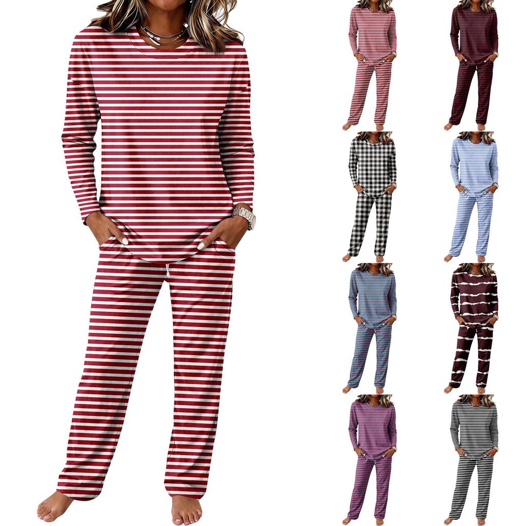 Women's Round Neck Long Sleeve Pajama Set with Drawstring Wide Leg Pants for Sleepwear Loungewear