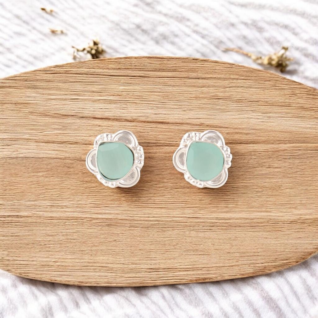 Aqua Chalcedon Edelstein Ohrringe 925 Sterling Silber Handgefertigter Schmuck Boho Stecker EE-159-15