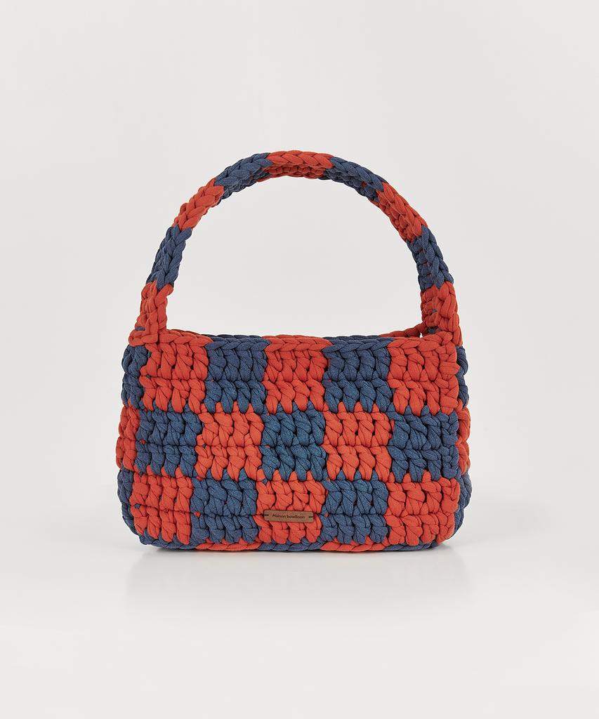 Bowlloon Checkerboard Crochet Bag (Brick/Blue)