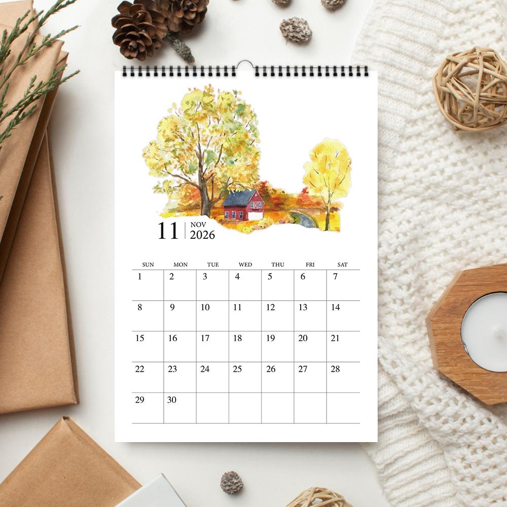 1pc, 2026 Watercolor Landscape Wall Calendar, 12 Different Designs, Wall Calendar, Birthday, Christmas, New Year Gift