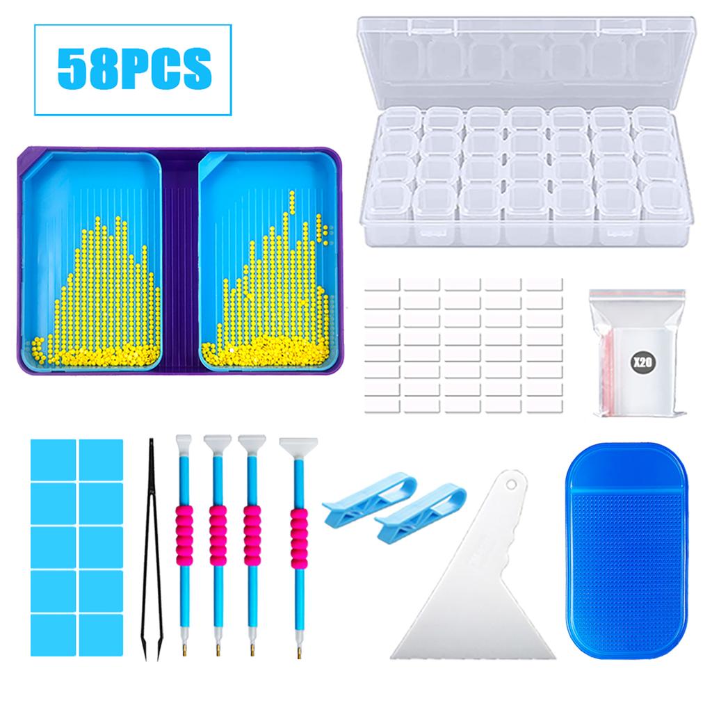 Diamond Painting Tools Kit Double Slot Sorting Trays 45/58PCS Set with Roller Tweezers Glue Clay DIY Rhinestone Embroidery Accessories