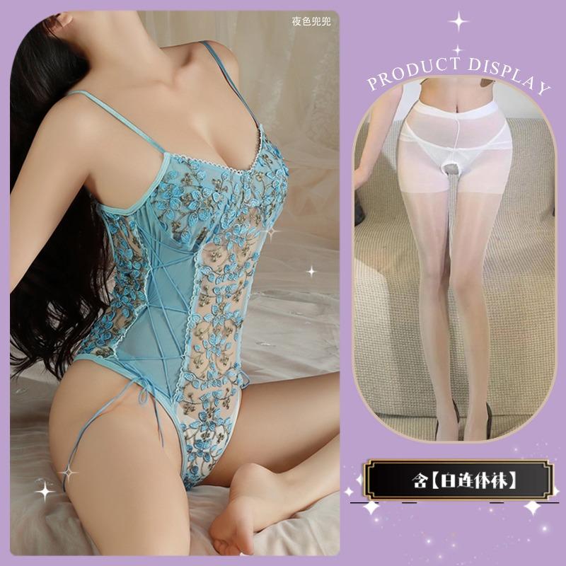 Lace Deep V Embroidery Suspender Inside with Onesie Backless Retro Floral Sexy Strap Splicing Mesh Flower