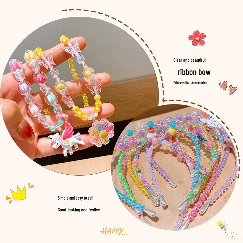 Colorful Pearl Necklace and Jewelry Set: Beaded Bracelet, Cartoon Headband, Earrings - Princess Accessories for Girls