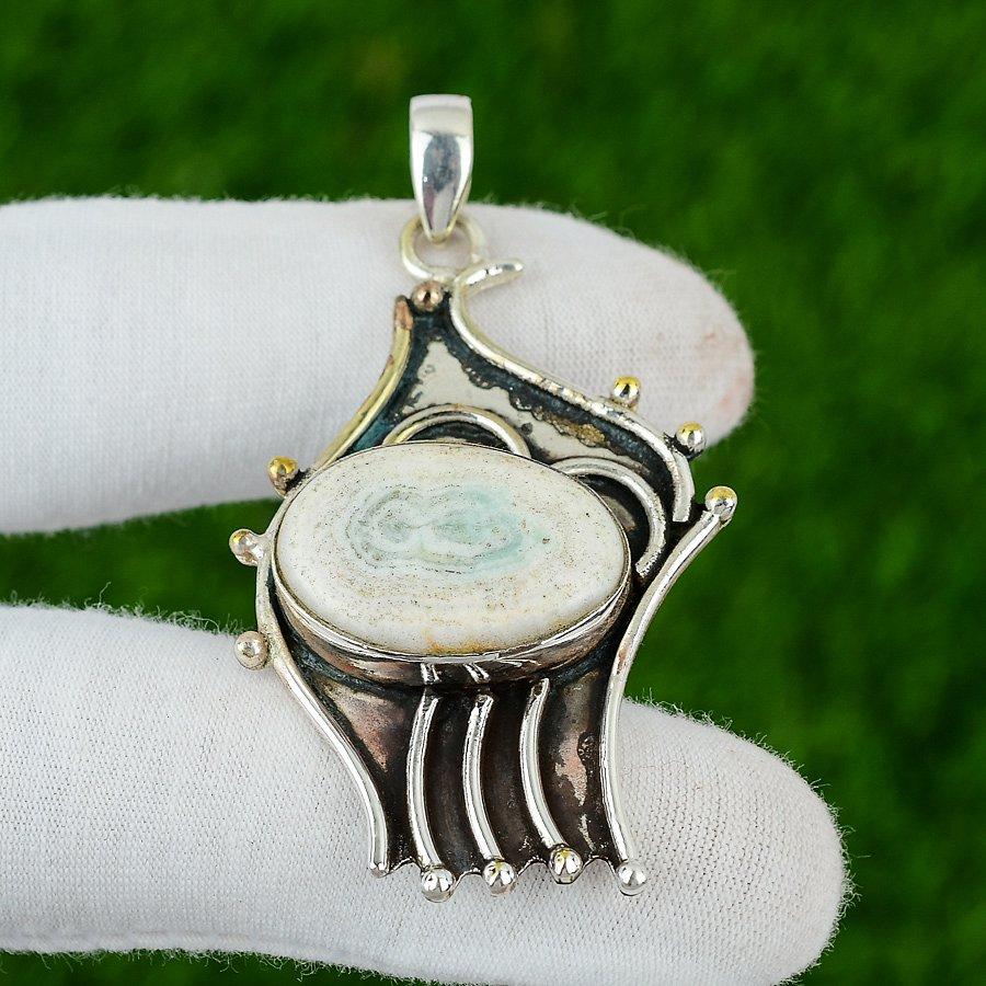 925 Sterling Silver Oval Solar Moss Opal Stone Handmade Bezel Pendant Jewelry