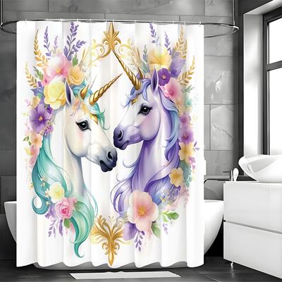 Unicorn Floral Shower Curtain, Bathroom Decorative Shower Curtain, Waterproof Shower Curtain with Hooks