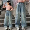 Girls Cargo Demin Pants Kids Casual Wide-legged Jeans Teenagers Fashion Streetwear Baggy Trousers Children Clothes 5-14 Years