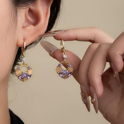 Opal Diamond Hollow Earrings Light Luxury Super Flash Diamond Contrasting Diamond Stud Earrings Niche High-End Exquisite Earrings