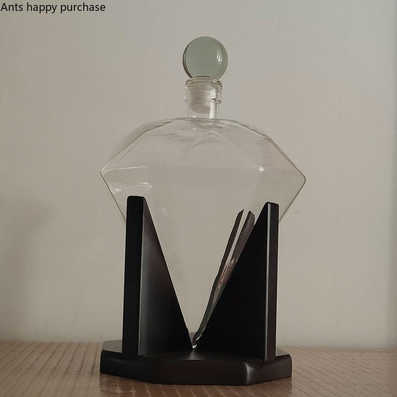 Diamond Shaped Glass Bottle with Wooden Base Thickened Glass Pitcher Flagon Decanter Hip Flasks Liquor Bottle Whiskey Bottles