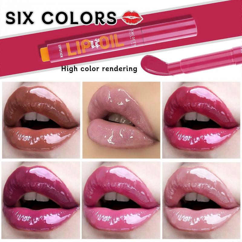 6 Farben Fettiges Lippenöl Click Slick, Press-Lippenstift-Set, Feuchtigkeitsspendender Lippenbalsam, Hochpigmentiertes Glanz-Lippenöl, Langanhaltend, Leichtes und Glänzendes Lippen-Plumper mit
