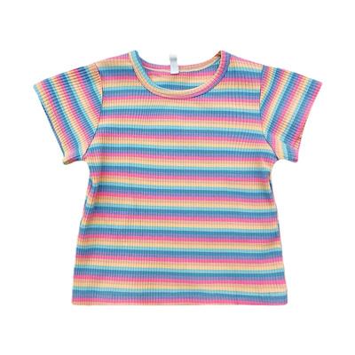 Girls Short-sleeved T-shirt Summer New Style Baby Colorful Striped Bottoming Shirt Trendy Children's Western Style Shirt Top