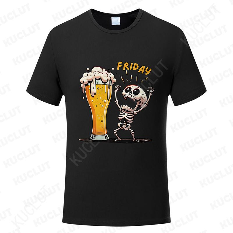 Fashion Men's T Shirt Skeleton Enjoying FRIDAY Beer Day Tees Funny Finally Friday for Drink Lover Male Clothes Short Sleeve Tops