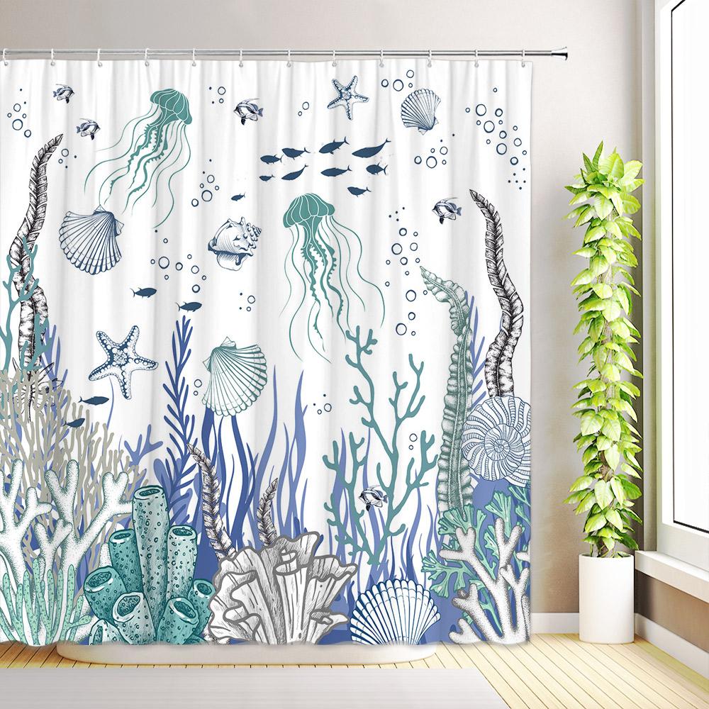 Nautical Coastal Shower Curtain Ocean Beach Seashell Starfish Coral Seahorse Octopus Underwater World Bathroom Decor with Hooks