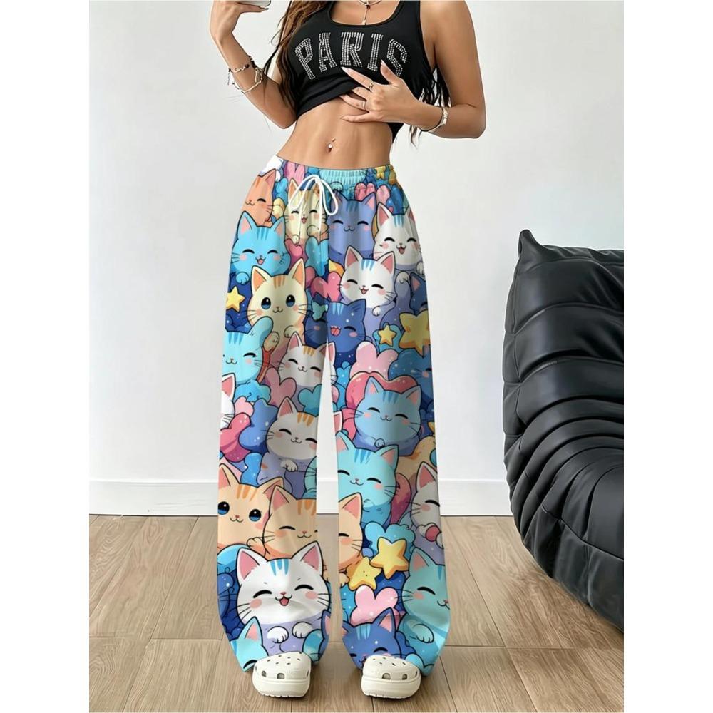 Women's fashion trousers cute cat pattern childlike design farewell dull