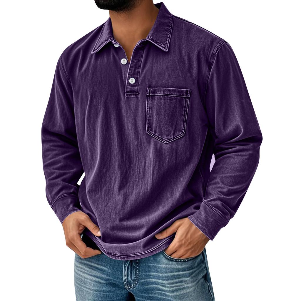 Men's Solid Color Washed Sports Button Pocket Lapel Collar Long Sleeve Top