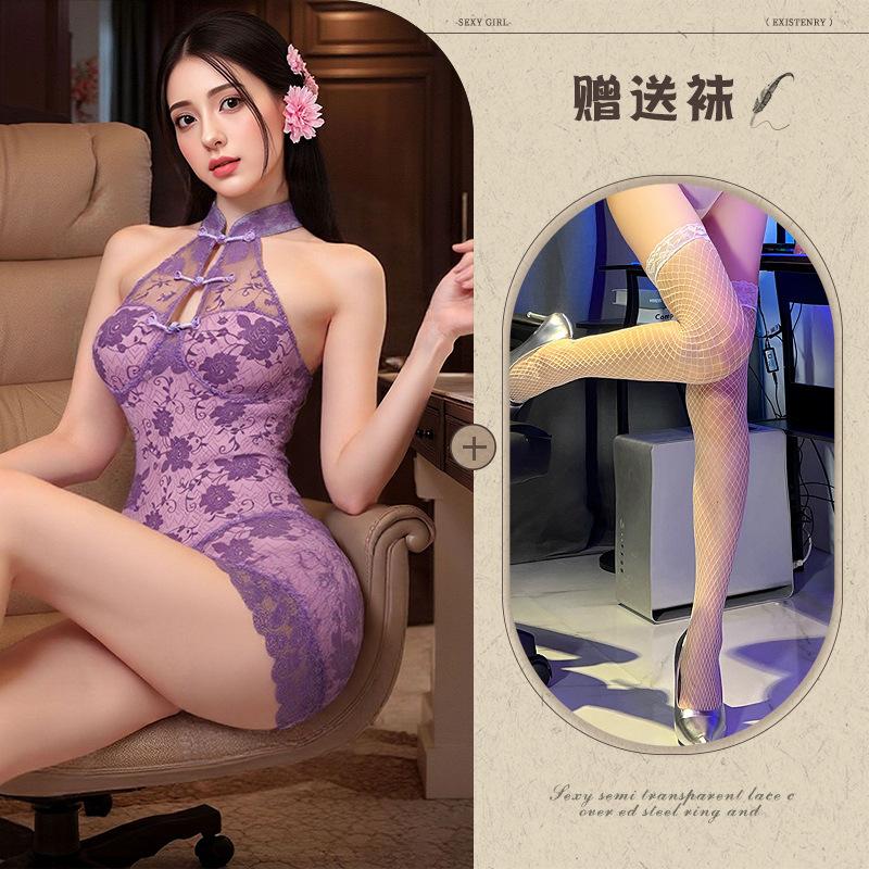 Yetingxiang new Chinese neck buckle lace cheongsam perspective temptation hip skirt sexy lingerie