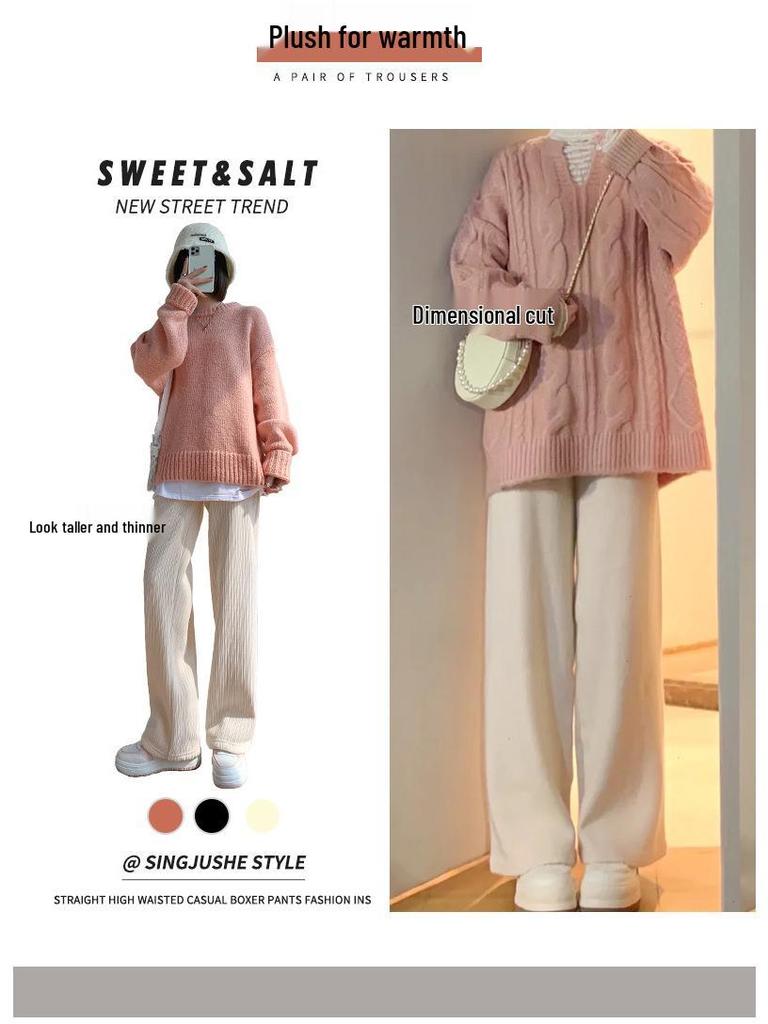 Petite Plus Velvet Corduroy Wide-Leg Pants for Women - High Waist, Loose Fit, Autumn/Winter.