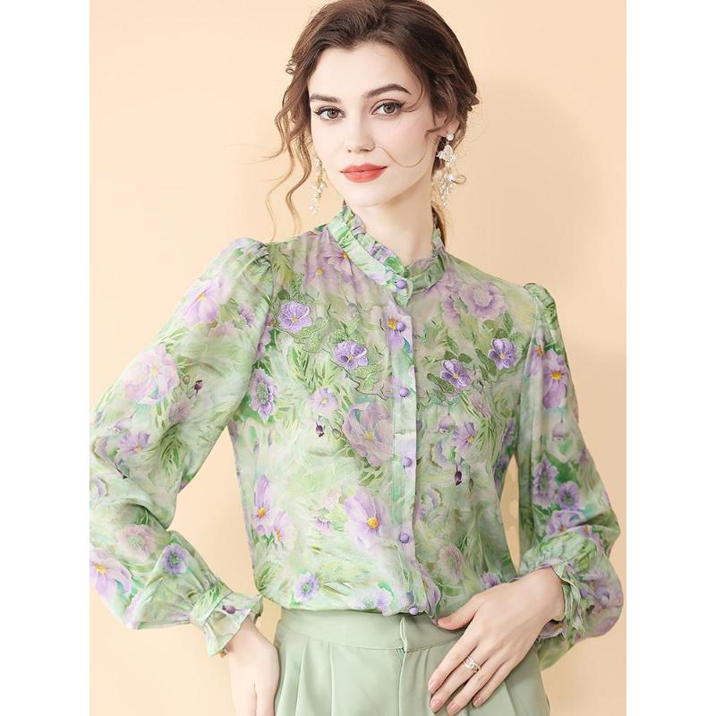 

Women s Light Green Floral Blouse Ruffled Stand Collar Puff Sleeve Sheer Top L зелений