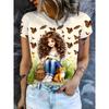 Large Size Women'S Digital Printed Short Sleeved T-shirt Crew Neck Slight Stretch Fabric, Regular Sleeve, All Seasons