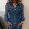 Damen Revers Langarm Bluse Slim Fit Kunstdenim Durchsichtiges Netz Spleißung V-Ausschnitt Knopf Lässig Shirt