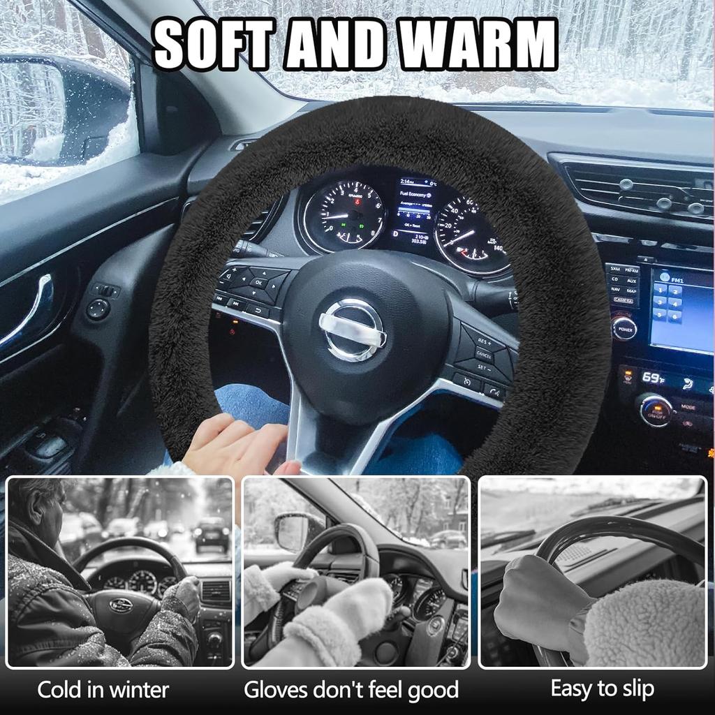 Wuyaoyao Fuzzy Car Steering Wheel Cover, 15'' Soft Auto Steering Wheel Protector For Warm Winter, Elastic Anti-Slip Fluffy Wheel Covers, Car