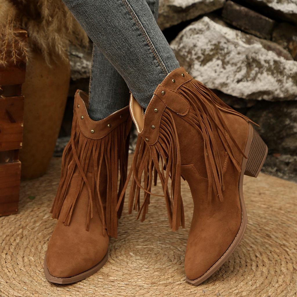 New Style Luxury Women's Tassel Suede Slip On Western Cowboy Boot Women Autumn Sexy Pointed Toe Medium Heel Riding Boots