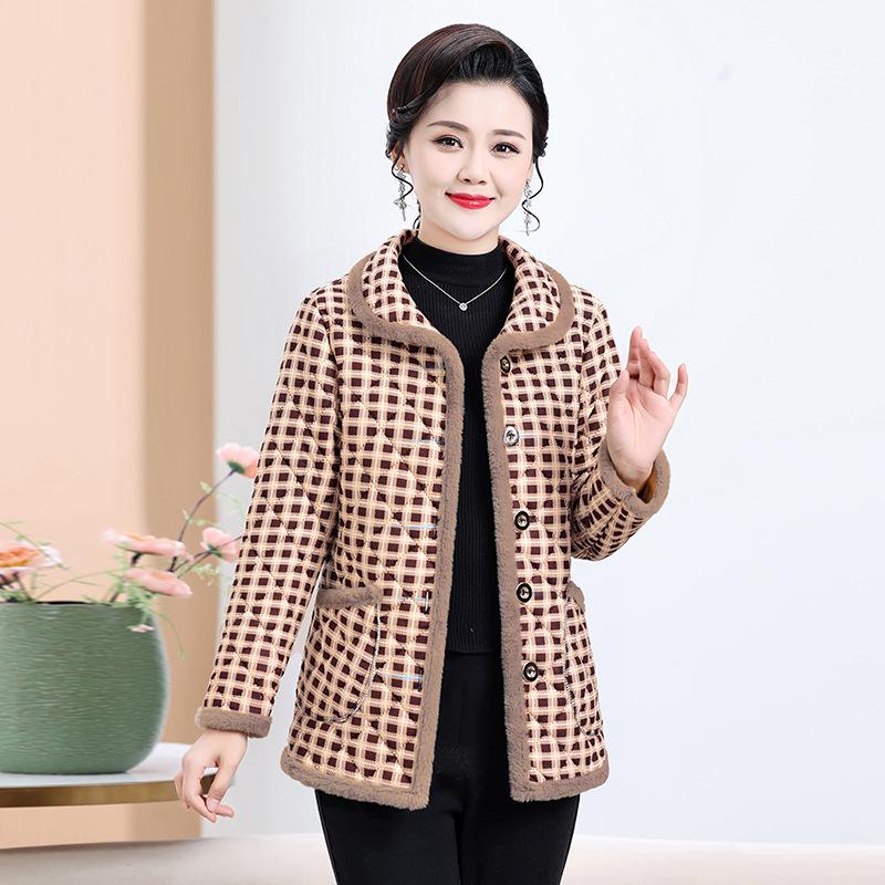 Winter Plaid Cotton-Padded Jacket for Middle-Aged & Elderly Women - Thick, Warm, and Stylish Outerwear