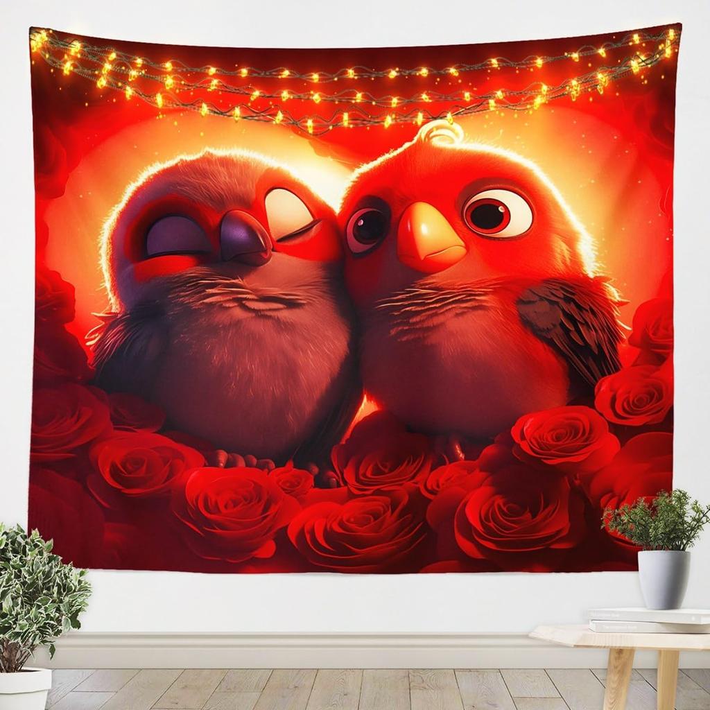 Romantic Love Tapestry Wall Decor Cute Chicks and Red Roses Floral Bird Art Cozy Fairy Lights Home Decoration Gifts