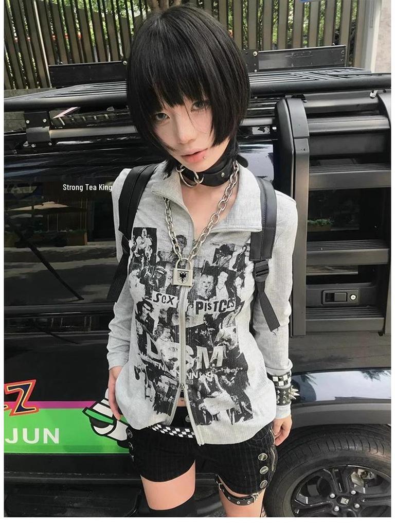 Jinliang Women's Ribbed Velvet Retro Punk Zip-Up Cardigan