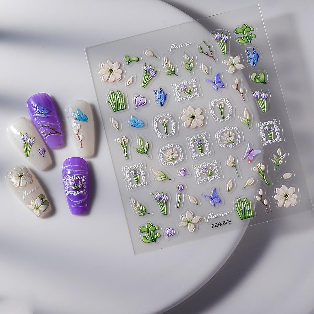 5D Butterfly & Lily of the Valley Nail Stickers - Mori Style Floral, Self-Adhesive