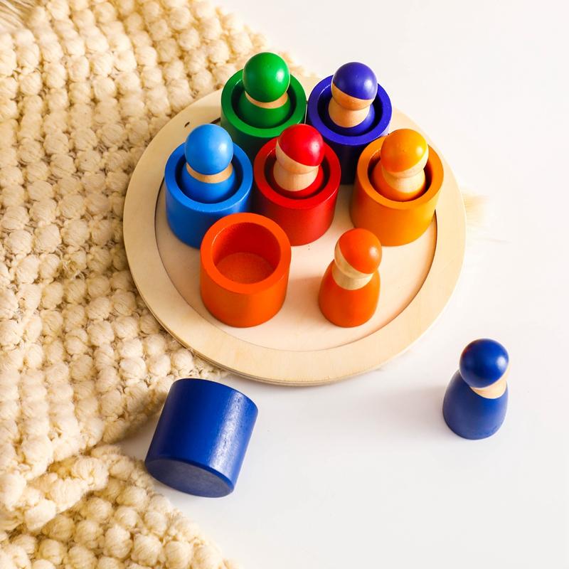 Montessori Rainbow Doll Wooden Toy Natural Wood Baby Hands-on Education Toy Puzzle Game Rainbow Building Block Children's Toy