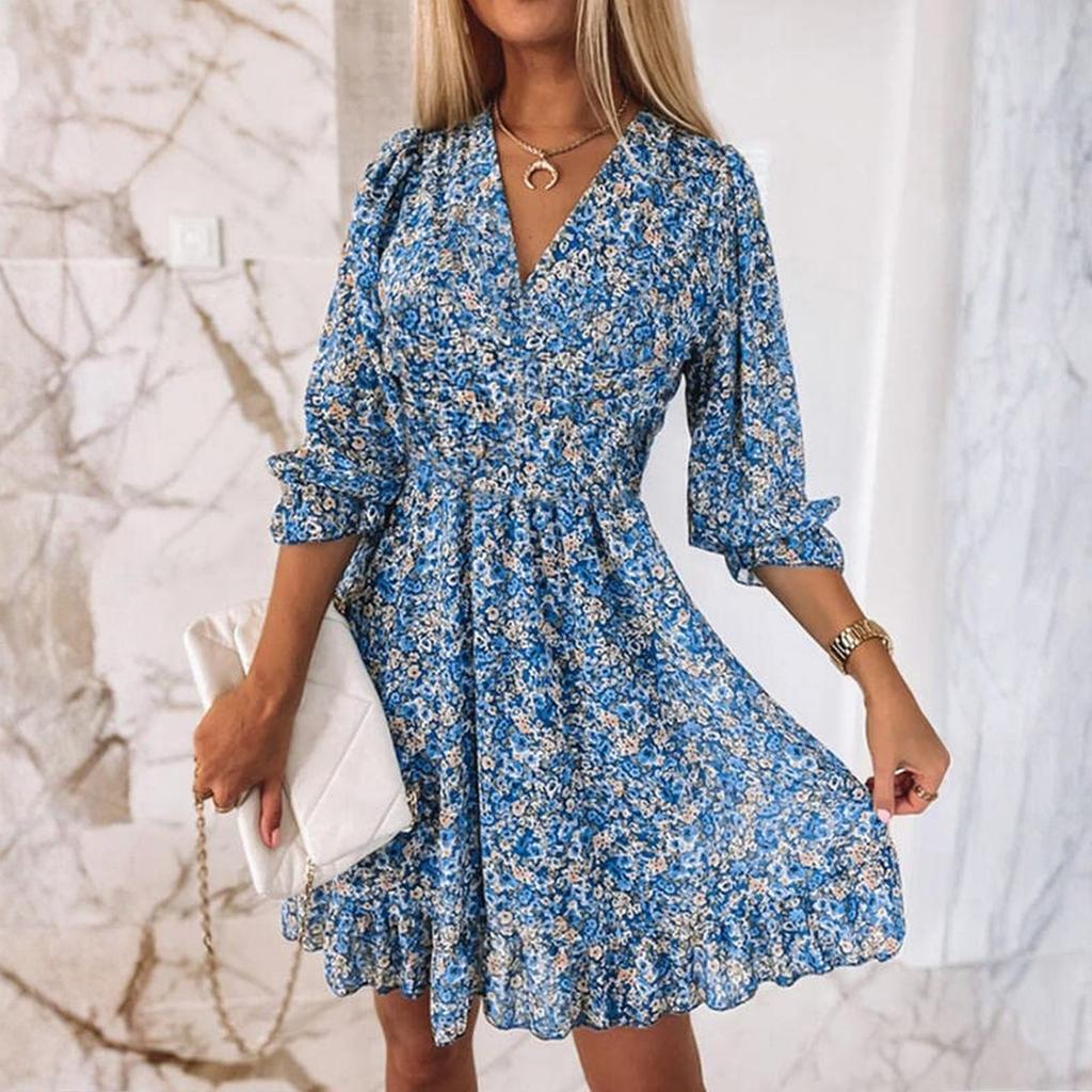 Women's Cute Floral Ruched V Neck Floating Sleeves Three-quarter Sleeve Sundress Casual Spring Summer Dress