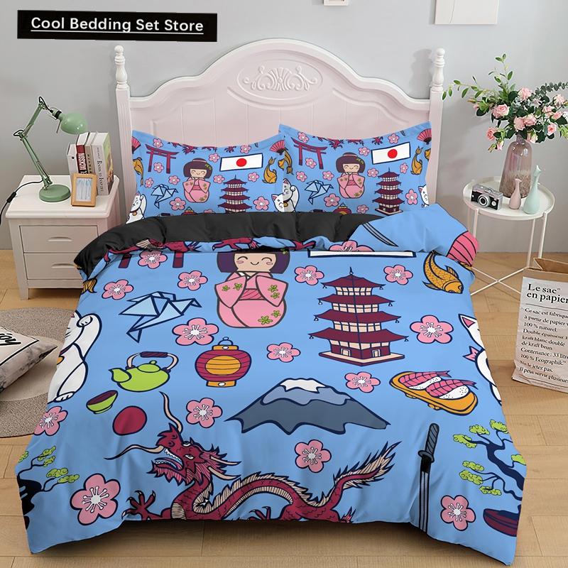 Bettbezug mit japanischer Puppe, bedruckt, King-Queen-Bett, Cartoon-Glückskatze, Bettwäscheset für Kinder und Mädchen, Fan, weiß, 2/3-teilig, Polyester-Bettbezug