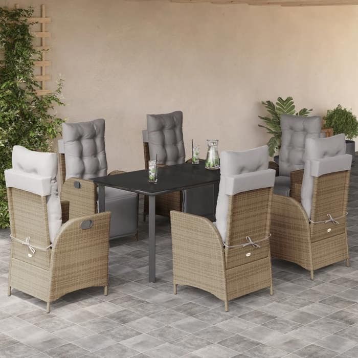VidaXL 7-Piece Garden Dining Set with Cushions, Table and Chairs with Adjustable Backrest and Footrest, 3213459