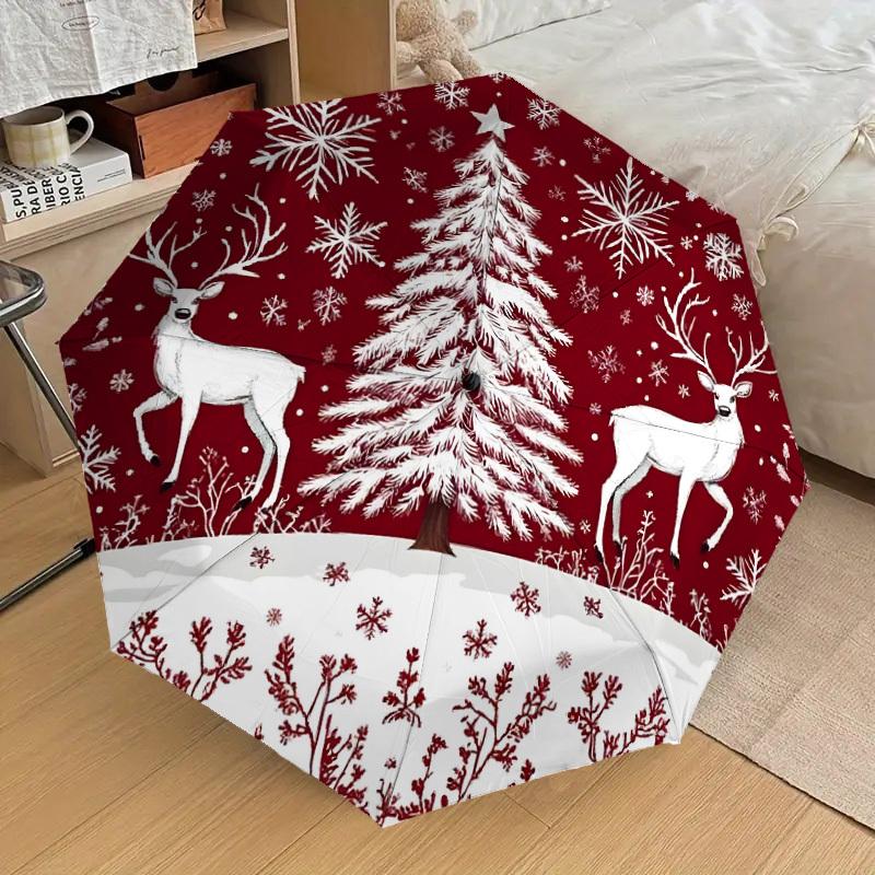 1pc Christmas Scene with Snowy Tree and Deer Umbrella with Plastic Handle,Suitable for All Seasons Home Travel Outdoor UmbrellaDD1298