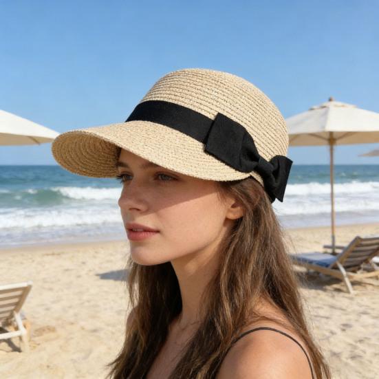 Chapeau de paille Large Ruban Noir Nœud Dôme Visière Plate Casquette de Baseball Léger Respirant Chapeau Protection Solaire