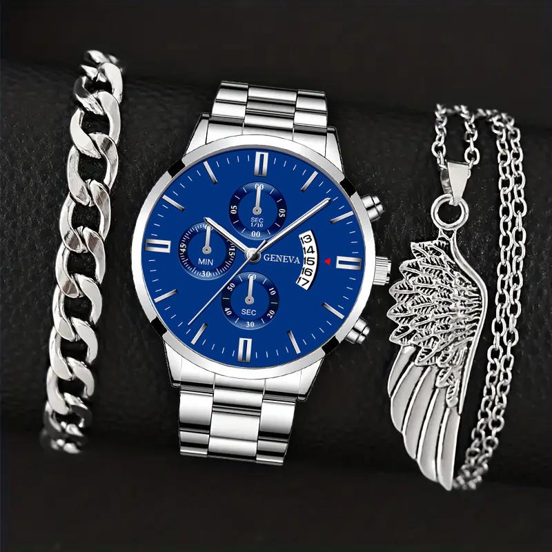 

3 шт./набор, модные мужские повседневные кварцевые наручные часы из нержавеющей стали с круглым циферблатом, браслет и ожерелье, лучшие подарки для него
