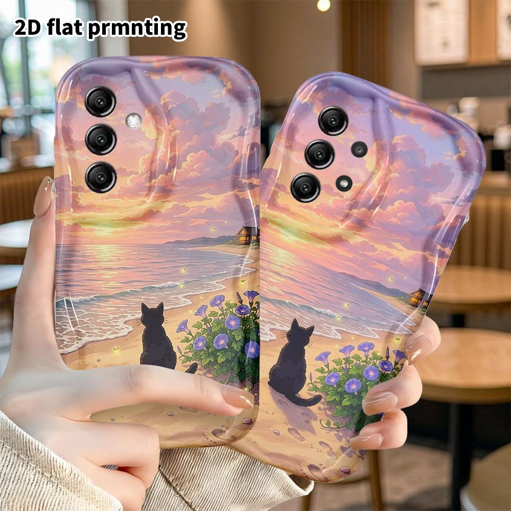 Phone Case: 2D Flat Samsung Galaxy A34 A35 M05 M06 S20 S22 S21 FE Plus 5G Protective Case, Sunset Black Cat, Christmas and Halloween Gifts